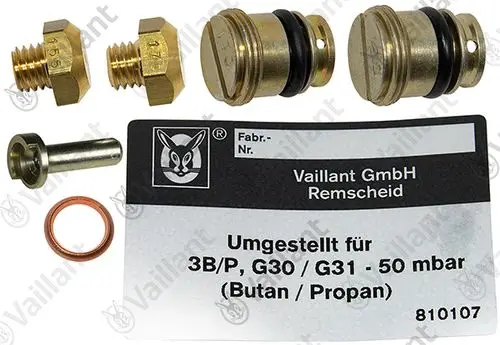 Vaillant Ersatzteile, bestehend aus Schrauben, Dichtungen und einer Anleitung, die für den Austausch von Düsen in bestimmten Geräten verwendet werden.